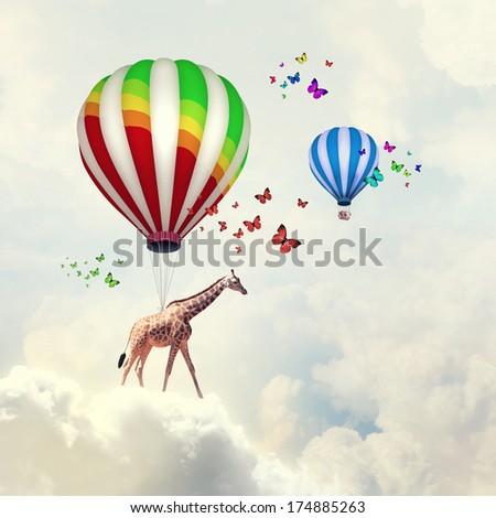 Sunny Image Of Giraffe Flying High In Sky On Aerostat