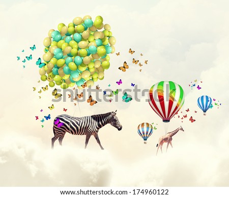 Fantasy Image Of Zebra Flying In Sky On Aerostat