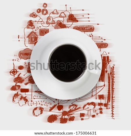 Cup of coffee with sketches at background