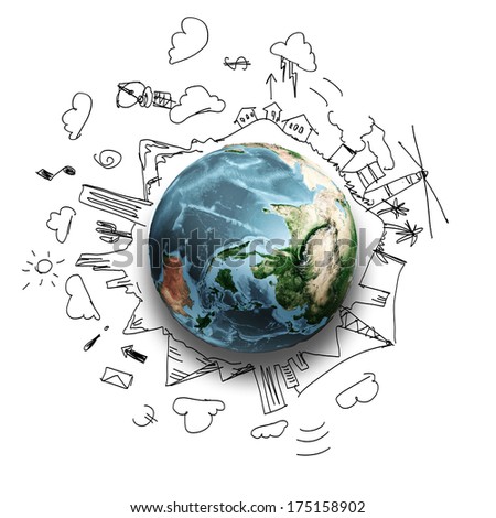 Earth Planet On White Background With Pencil Sketches. Elements Of This Image Are Furnished By Nasa