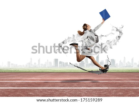 Businesswoman running in a hurry with folder in hand