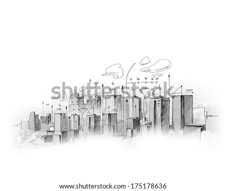 Background image with model sketch of modern city