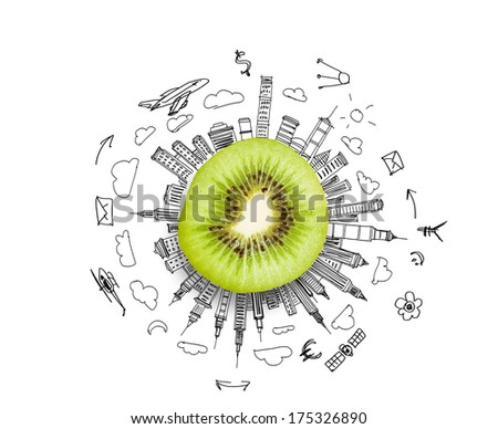 Kiwi half against background with business sketches