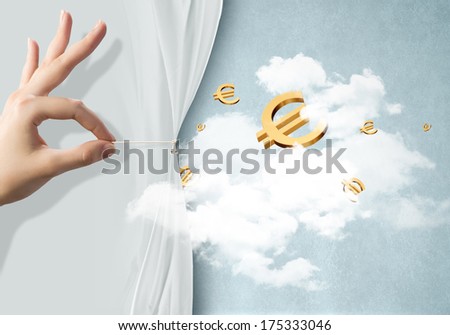Close up of hand opening white curtain with euro sign behind it