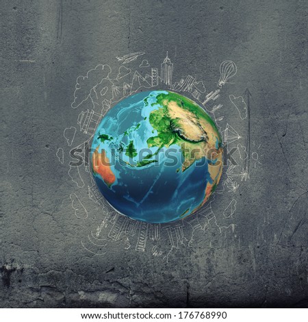 Earth planet on dark background with pencil sketches. Elements of this image are furnished by NASA