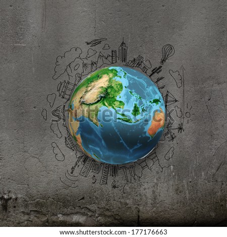 Earth planet on dark background with pencil sketches. Elements of this image are furnished by NASA