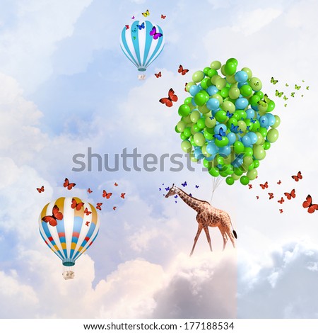 Giraffe flying high in sky on bunch of colorful balloons