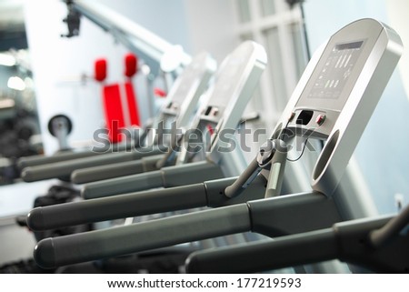 Image Of Treadmill In Gym. Fitness And Athletics