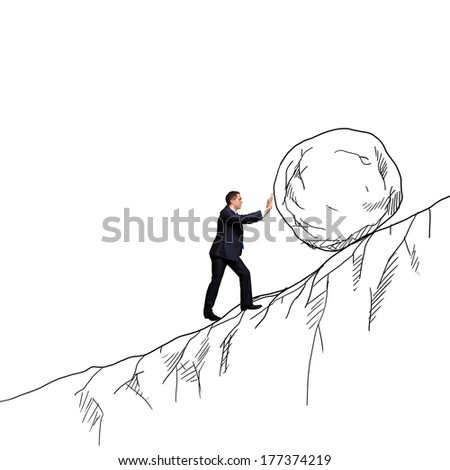 Powerful businessman rolling huge stone up on hill