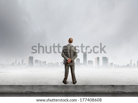 Back view of confident businessman looking at city