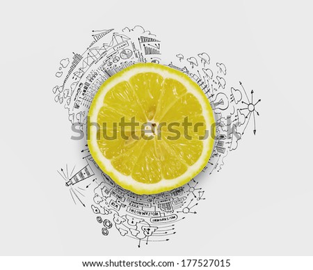 Lemon half against background with business sketches