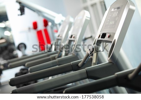 Image of treadmill in gym. Fitness and athletics