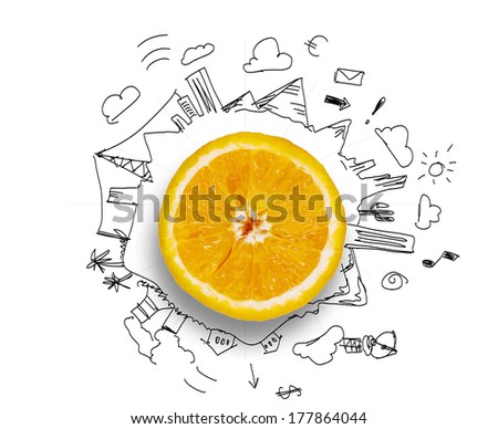 Orange half against background with business sketches