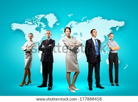 Image Of Businesspeople Standing Against World Map Background