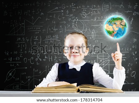 Schoolgirl at lesson with opened book against sketch background. Elements of this image are furnished by NASA