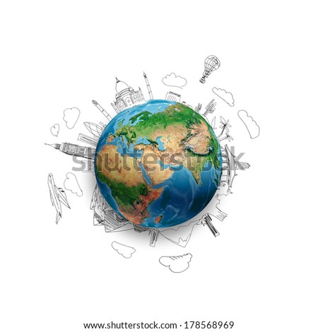 Earth planet on white background with pencil sketches. Elements of this image are furnished by NASA