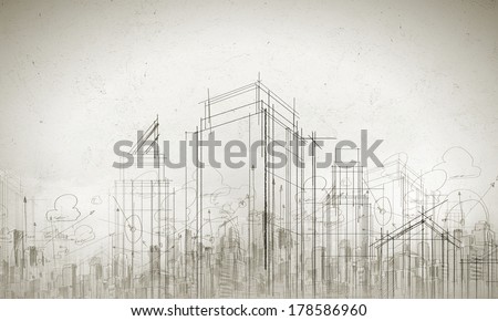 Background image with urban construction sketch on white background