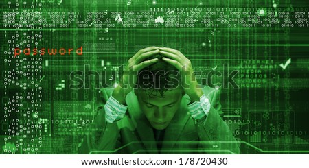 Conceptual image of troubled man against media screen with binary code
