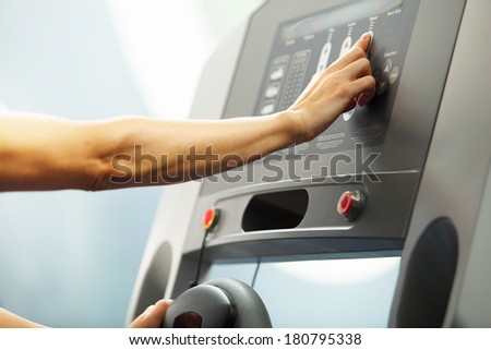 Image of treadmill in gym. Fitness and athletics