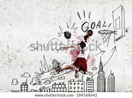 Young man basketball player throwing ball in basket
