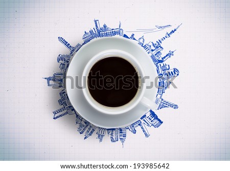 Conceptual image of cup of coffee against sketch background