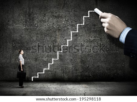 Businesswoman stepping ladder drawn by hand with chalk