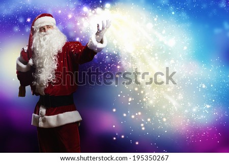 Santa Clause with gift bag behind shoulders
