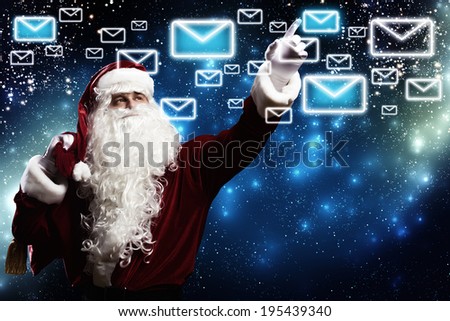 Santa Clause with gift bag behind shoulders