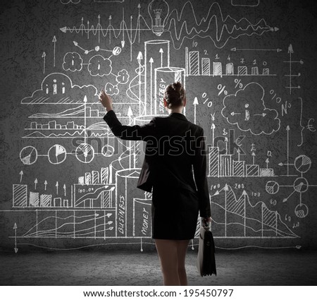 Rear view of businesswoman looking at business sketches on wall