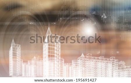 Media construction background with modern building model