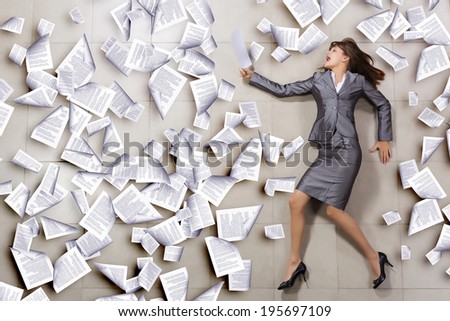 Funny image of businesswoman running with documents in hand