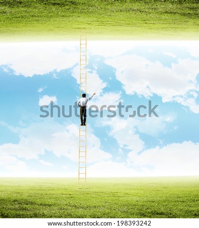 Rear view of businessman climbing ladder between two realities