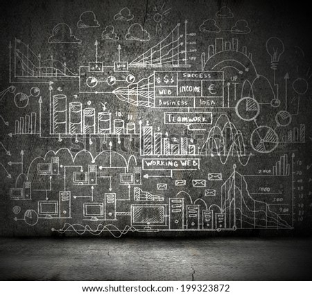Background conceptual image with business sketches on wall