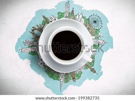 Conceptual image of cup of coffee against sketch background
