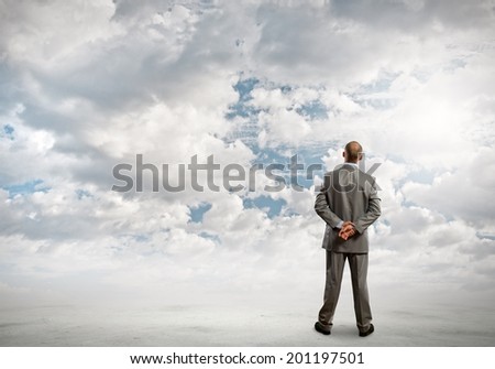 Back view of confident businessman looking in clear sky