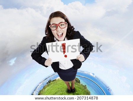 Top view of excited businesswoman holding white blank banner