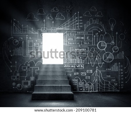 Background conceptual image with doorway and business sketches