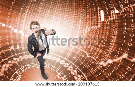 Young cheerful man with tie around head against binary background
