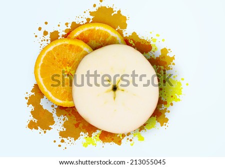 Half of fresh orange and apple on white background