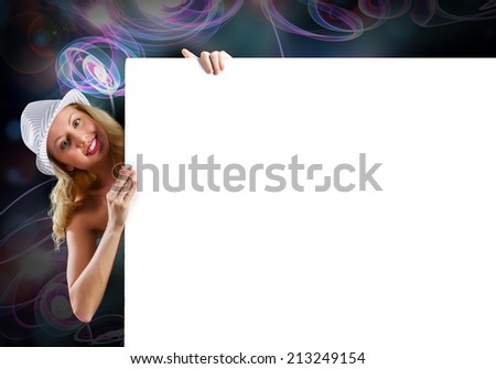 Young naked woman behind white blank banner. Place for text