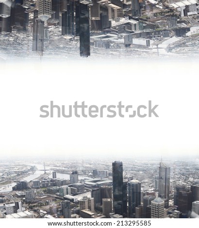 Modern urban scene and its reflection above