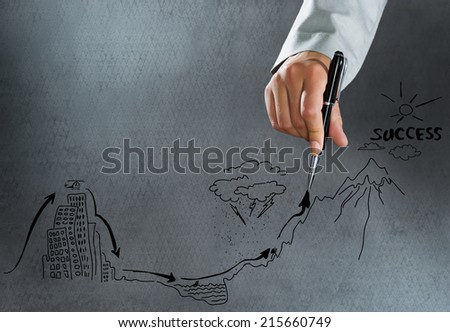 Close up of hand drawing business sketches on cement wall