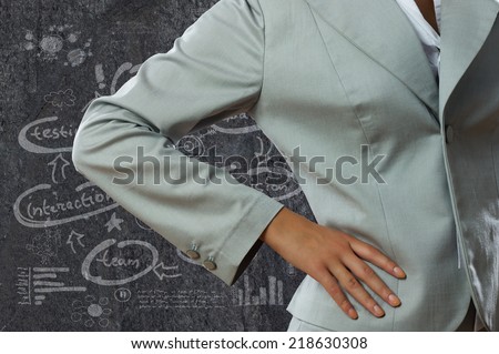 Close up of businesswoman and business sketches at background