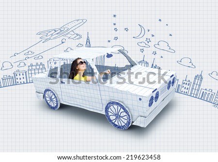 Young woman riding car made of list of paper Young woman riding car made of list of paper