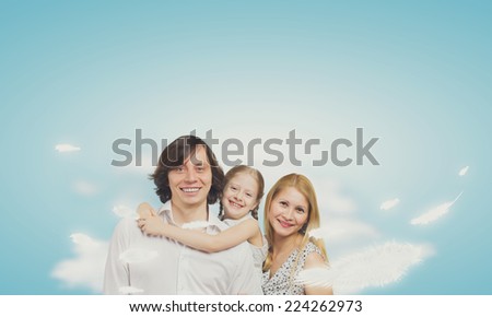 Happy family of mother father and daughter sitting on cloud