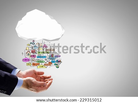 Close up of businessman hand holding cloud with business sketches