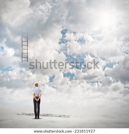 Back view of businesswoman and broken ladder in sky