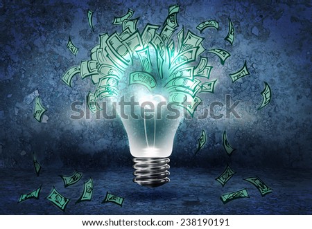 Background image with light bulb and money banknotes