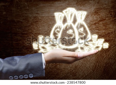 Close up of businessperson hand holding money bags