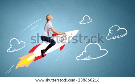 Young girl flying on rocket against drawn background